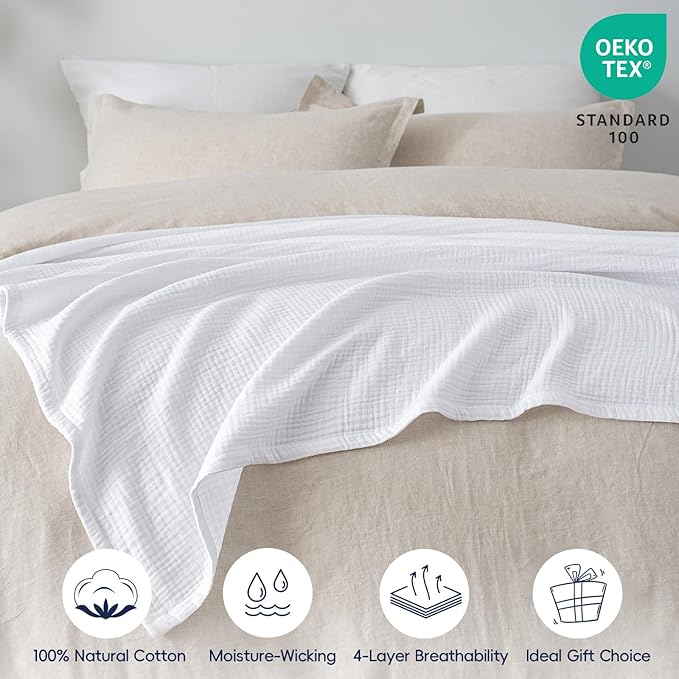 PHF 100% Cotton Muslin Throw Blanket Large 50" x 70", 4-Layer Lightweight and Breathable Blanket for Summer, Luxuriously Soft Gauze Throws for Couch, Natural Minimalism Style, Ideal Gift, White
