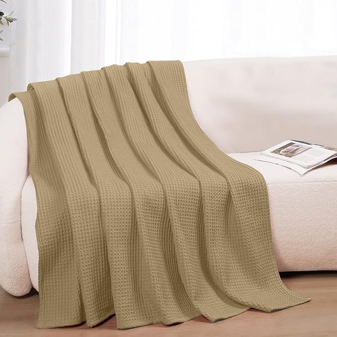 100% Cotton Blankets Throw Size for Bed - Waffle Weave Blankets for Summer, Lightweight and Breathable Soft Woven Blanket for Spring (Beige, Throw (50" x 60")