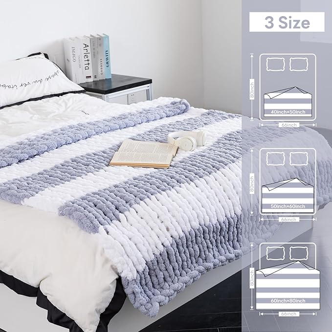 Chunky Knit Blanket - Luxury Soft Cozy King Size(60 * 80) Throw Blanket,100% Woven Blanket Rope Knot Throw Blanket for Couch, Sofa, Home Decor, Gift - Machine Washable(White/Light Gray)
