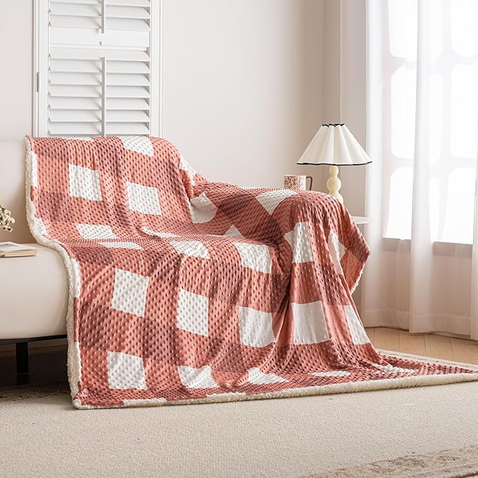 PU MEI Sherpa Blanket Fleece Throw Blanket Full Queen Plaid Thick Bed Blanket, Soft Warm Cozy Orange Checkered Throw Blanket 80"*90"