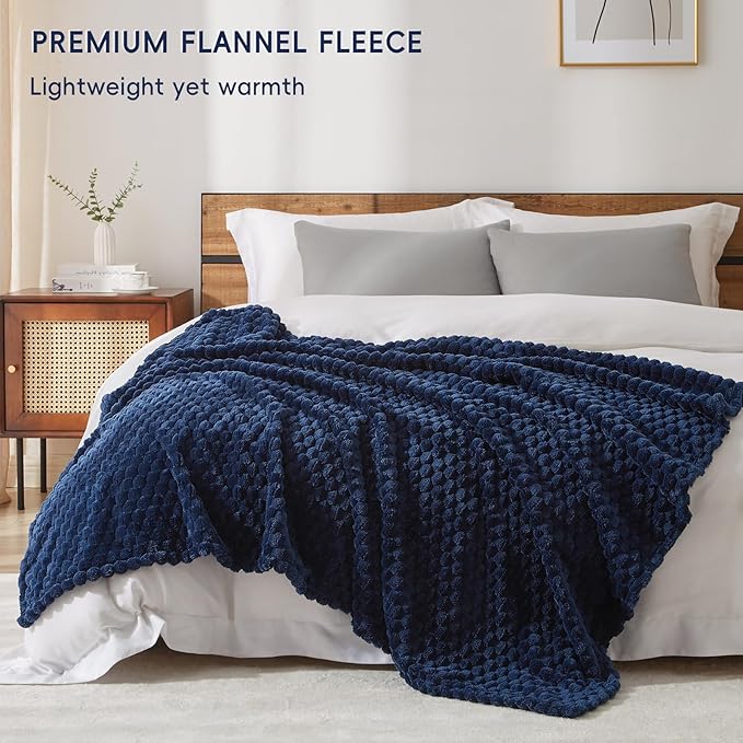 PHF Ultra Soft Flannel Fleece Throw Blanket, Lightweight 3D Jacquard Fleece Blanket, No Shedding, No Pilling, Luxury 340GSM Aesthetic Fluffy Cozy Throws for Couch Room Decor, 50"x60", Navy Blue