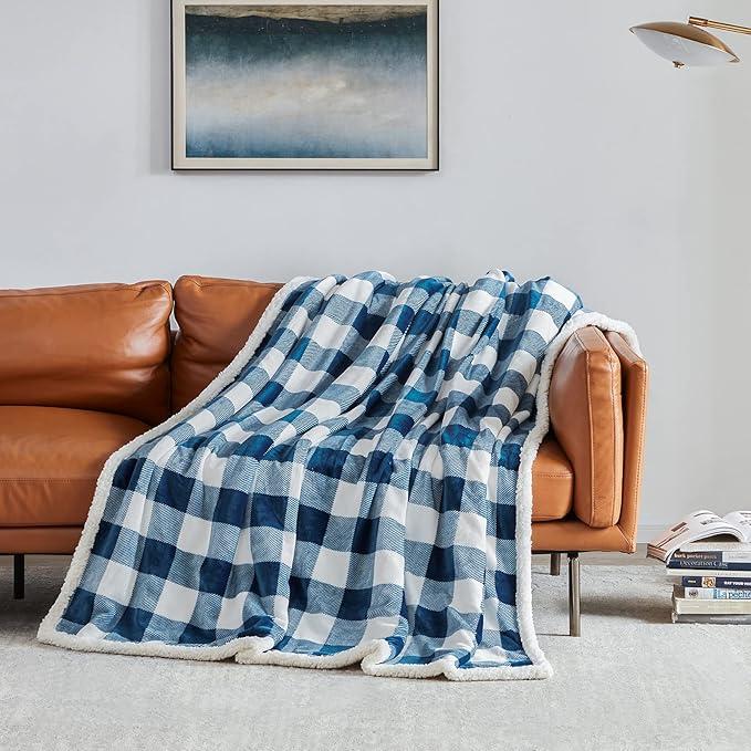 Touchat Sherpa Plaid Twin Blanket 60" X 70", Fuzzy Fluffy Soft Cozy Throw Blanket, Twin Size Plush Fleece Flannel Plush Microfiber Blanket for Couch Bed Sofa (Navy)