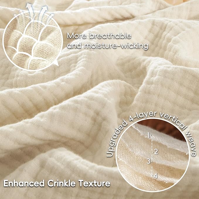 PHF 100% Cotton Muslin Throw Blanket 50" x 60", 4-Layer Lightweight and Breathable Blanket for Summer, Luxuriously Soft Gauze Throws for Couch, Natural Minimalism Style, Ideal Gift, Beige/Short Bread
