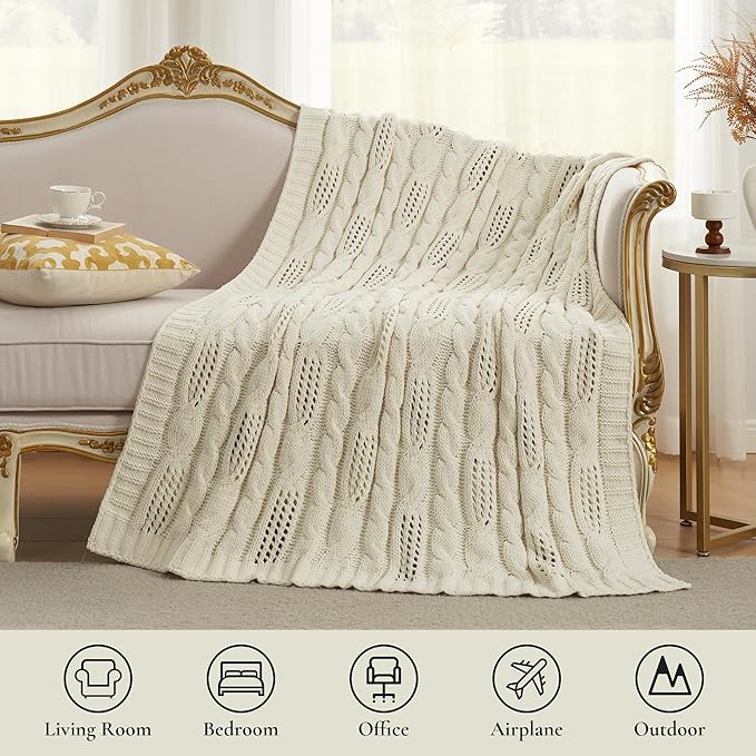 Amélie Home Chunky Knit Chenille Throw Blanket, Breathable Cable Knitted Blanket for Couch, Farmhouse Decorative Throw for Sofa Chair Bed, 60"x80", Ivory