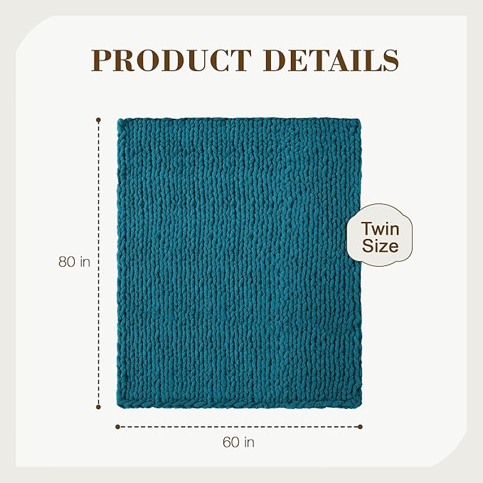 Carriediosa Chunky Knit Throw Blanket 60" X 80" Twin, 100% Hand Made Large Chenille Loop Yarn Soft Fluffy Throws for Couch Sofa Bed, Big Crochet Cozy Heavy Thick Cable Woven Blankets, Teal