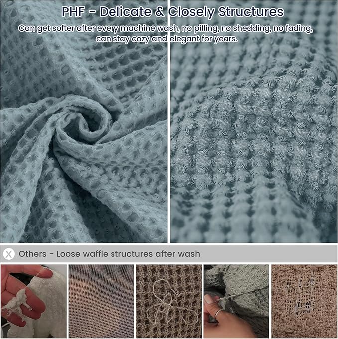 PHF Pre-Washed Cotton Waffle Weave Blanket King Size for Bed,Snag Proof Throw for Couch Spring Summer,Lightweight Breathable,Oeko-TEX Certified,Machine Washable, Home Decor Gift-Ocean/Sliver Blue