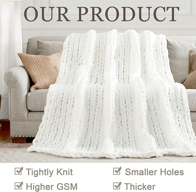 Chunky Knit Throw Blanket 50"X 60", 100% Handmade with Soft Chenille Yarn, 4.4lbs Thick Cable Knitted Blankets, Large Rope Knot Crochet Throws for Couch Sofa Bed Home Decor, Snow White