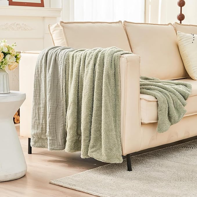 EMME Muslin Cotton Fleece Twin Blanket Reversible - 60"*80" Sage Green Soft Warm Throw Blankets for Couch Bed Picnic Travel Bed