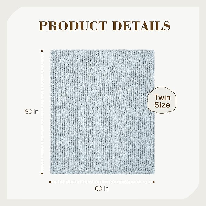Carriediosa Chunky Knit Throw Blanket 60" X 80" Twin, 100% Hand Made Large Chenille Loop Yarn Soft Fluffy Throws for Couch Sofa Bed, Big Crochet Cozy Heavy Thick Cable Woven Blanket, Light Blue