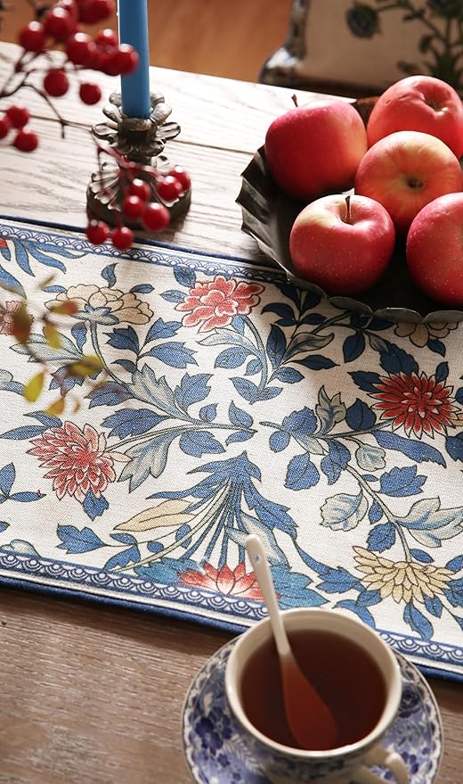 patdrea Designer Blue Cottage Rustic Floral Patterned Linen Table Runner 102 Inch Long,Wrinkle Resistant Table Mat,Decoration for Kitchen Dining and Coffee Tables Banquet Christmas ,12"x102"