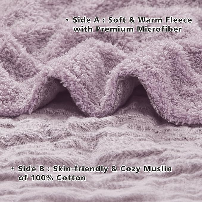 EMME Muslin Cotton Fleece Queen Blanket Reversible - 80"*90" Lavender Soft Warm Throw Blankets for Couch Bed Picnic Travel Bed