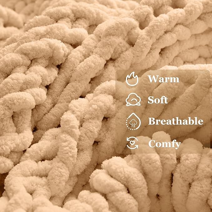 Oatmeal Throw Blanket, 40" x 50" Chunky Knit Blanket, Handmade Warm & Soft Chenille Throw Blanket, Washable Decorative Knit Blanket with Jumbo Chenille Yarn for Couch Bed Sofa