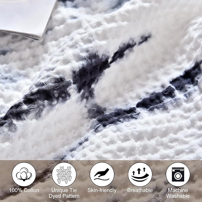 PHF 100% Cotton Tie-dye Waffle Weave Blanket King,Soft Breathable Skin-Friendly Durable Layering for All Season, Manual Elegant Delicate Pattern for Bed, Home Decor, Couch,Tie Dyed Charcoal, 104x90
