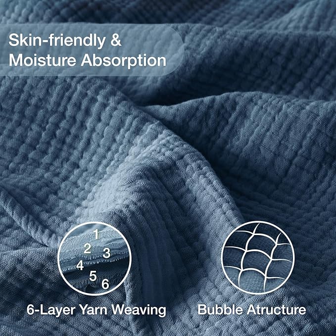 100% Cotton Muslin Blanket King 108" x 90", 6 Layers Breathable and Lightweight Cotton Throw Blanket for Bed, Soft Quilt Bedspread Coverlet, Gauze Blanket for Adults All Season, Blue