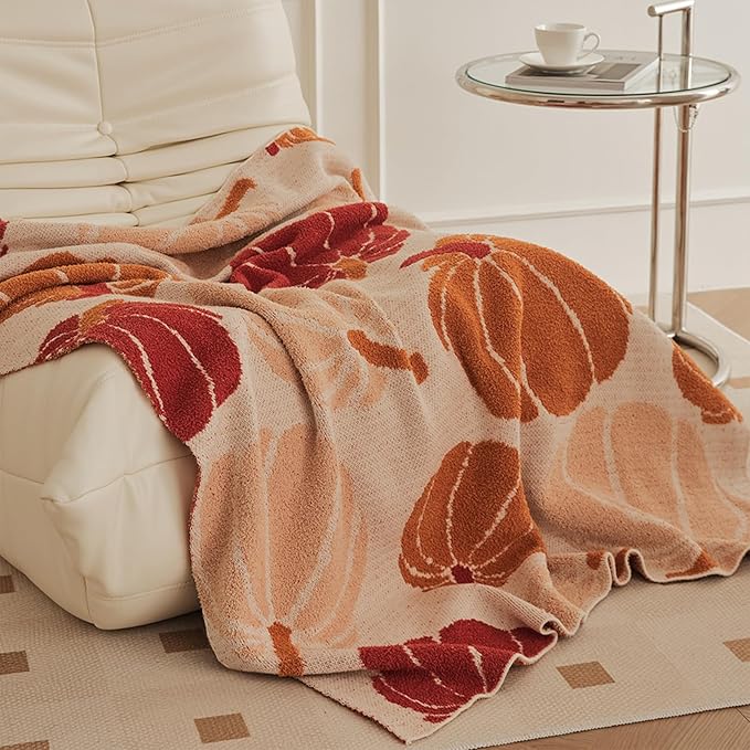 Pumpkin Throw Blanket for Couch 50x70 Fall Halloween Blankets, Soft Cozy Reversible Textured Fleece Fluffy Blanket for Bed Sofa Autumn Home Decor