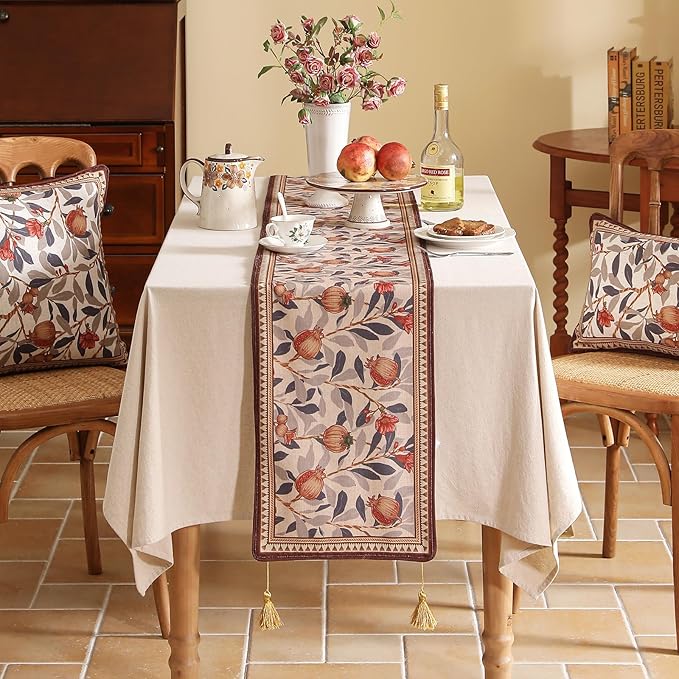 patdrea Designer Vintage SaddleBrown Extra Long Linen Table Runner 118 Inch Long,Pomegranates Pattern Table Mat, Decor for Kitchen Dining Coffee Table Shelf Cabinet Banquet Christmas ,12"*118"
