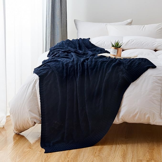 100% Cotton Navy Blue Cable Knit Throw Blanket with Bonus Laundering Bag - Large Thick, 2.5 Pounds,Extra Cozy, Machine Washable, Comfortable Home Decor (Navy X pattern, 50"x60")