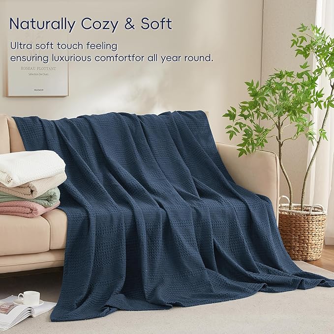 PHF Lightweight Waffle Weave Blanket Twin Size, Breathable & Ultra Soft, 66"x 90" Soft & Cozy Thin Blanket, Perfect for Summer & Hot Sleepers, Bed, Home Decor - Navy Blue