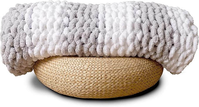 Adyrescia Chunky Knit Blanket Throw | 100% Hand Knit with Jumbo Chenille Yarn (50"x60", Gray and White Stripes)
