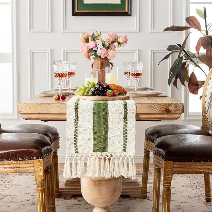 Fancy Homi Moss Green Table Runner 60 Inches Long Boho Macrame Table Runner for Home Decor, Farmhouse Table Runners with Tassels for Party Bohemian Rustic Bridal Shower Dining Decor 12x60 Inches
