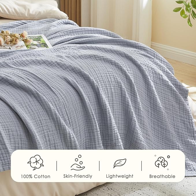EMME Cotton Muslin Queen Blanket Bed Layering Breathable Gauze Blanket Soft Lightweight Blankets Adults (Dusty Blue, 90"x90")