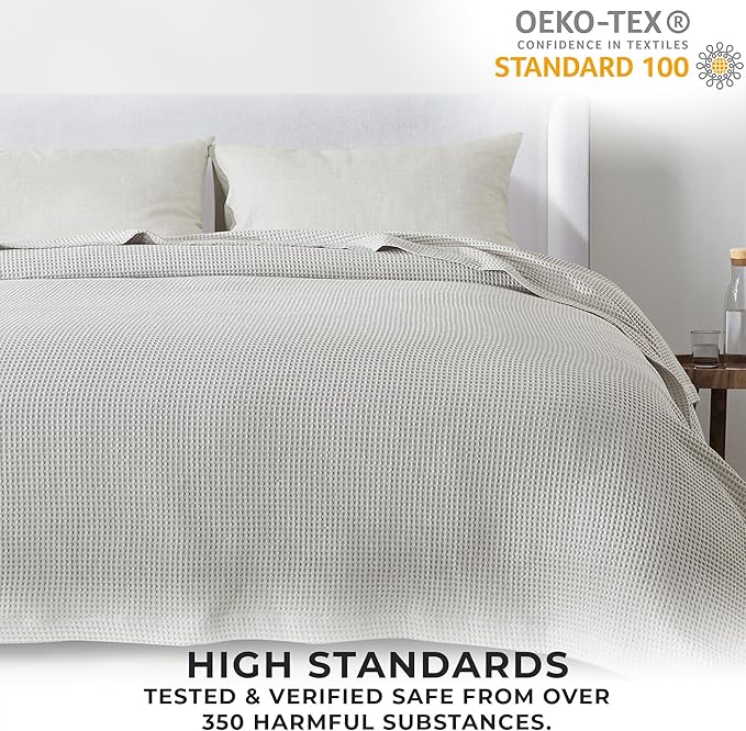 100% Cotton Blanket for King Size Bed - Grey Waffle Weave Lightweight Summer Bed Blanket - 102x90in Prewashed Breathable, Woven, Layering Blanket (King, Light Grey)