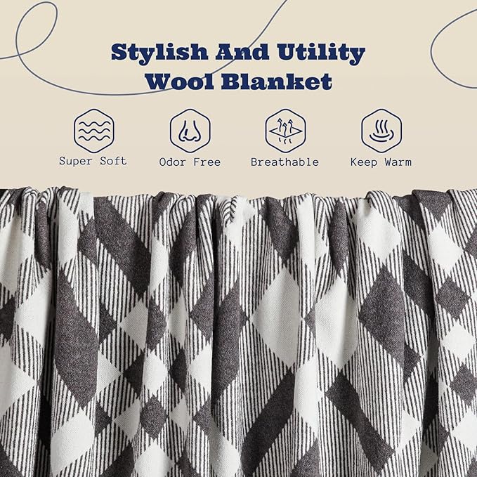 ACUSHLA Merino Wool Blanket - Soft Warm Thick Washable Large Throw Blanket for Camping Bed Couch Outdoor Travel All Weather, Scottish Plaid Grey 79X63