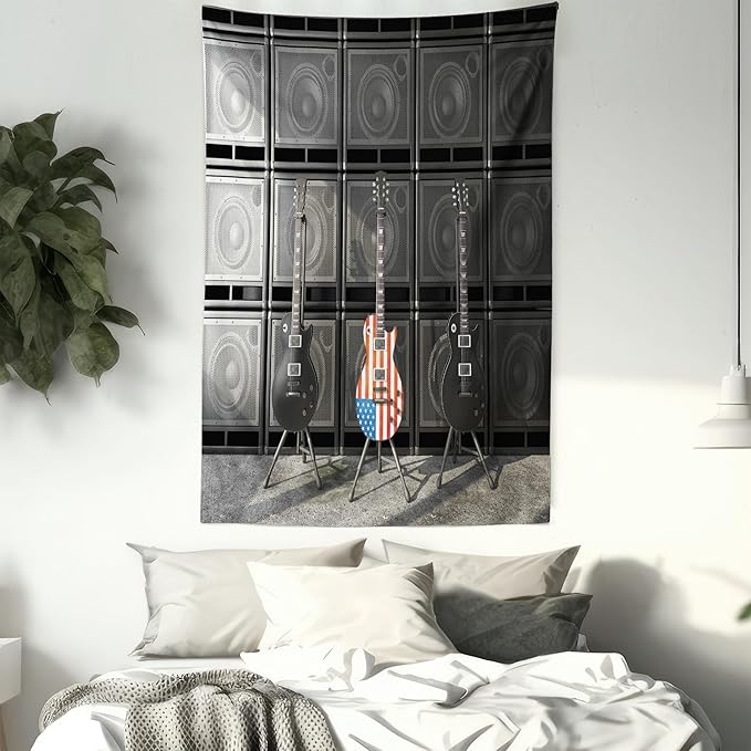 Ambesonne American Flag Tapestry, Black and Us Bass Guitar Electronic Rock Music Theme Digital Graphic Work, Wall Hanging for Bedroom Living Room Dorm Decor, 40" X 60", Charcoal Red