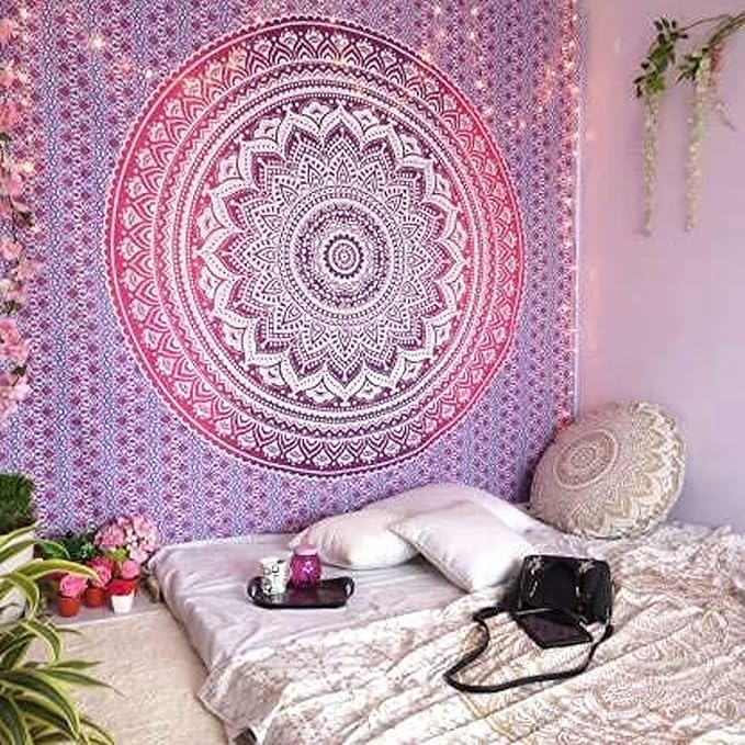 raajsee Indian Cotton Pink Purple Tapestry Mandala Wall Hangings- Tapestry For Bedroom - Indie Wall Tapestry Hippie Room Decor - Boho Small Tapestrys Aesthetic 30x40 Inches