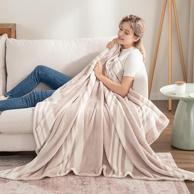 Berkshire Blanket-Classic Heavyweight Soft Printed VelvetLoft® Plush Throw Blanket, Cozy and Fuzzy, Stripe Cream, 50in x 70in