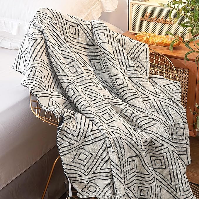 Black and White Throw Blankets, Knitted Modern Patterned Throw Blanket, Soft Lightweight Woven Throw Blanket for Sofa Couch Bed and Living Room, Black&White (50x60 Inch)