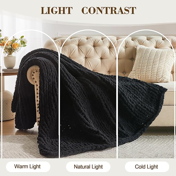 Carriediosa Chunky Knit Throw Blanket 60" X 80" Twin, 100% Hand Made Large Chenille Loop Yarn Soft Fluffy Throws for Couch Sofa Bed, Big Crochet Cozy Heavy Thick Cable Woven Blankets, Black