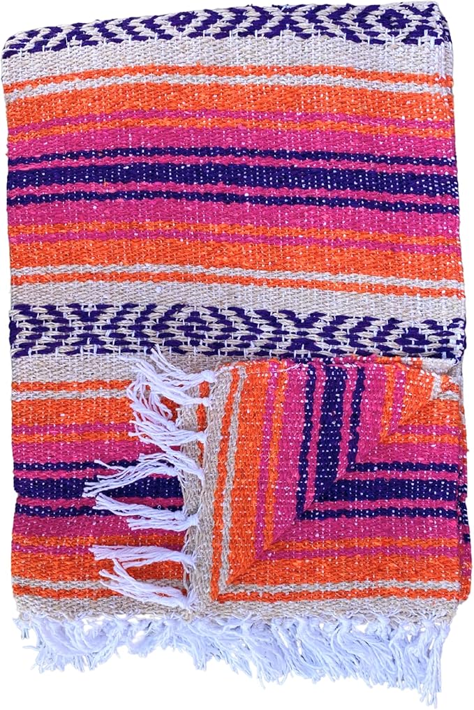 Del Mex Classic Mexican Blanket, Large Authentic Woven Falsa Throw (70"x50"), Artisan Southwest Décor for Beach, Yoga, Outdoors (Pink/Orange)