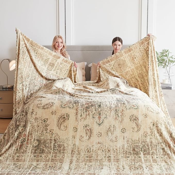 Oversized Vintage Pattern Blanket 120x120 Inches, Giant 10'x10' for Bed, Travel, and Camping, Extra Large Soft Blanket for The Whole Family and Outdoor,Beige