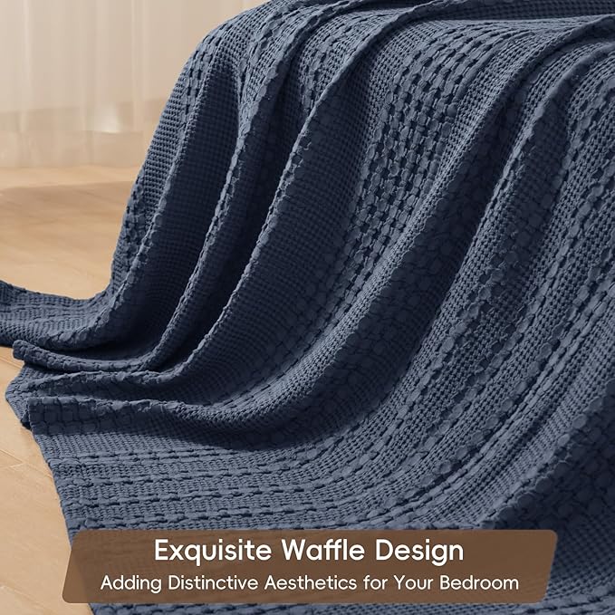 PHF 100% Cotton Waffle Weave Blanket Twin Size, Soft Lightweight Breathable Cozy Summer Blankets for Bed, Luxury Aesthetic Woven Bedding for Home Decor, 66"x90", Dark Navy