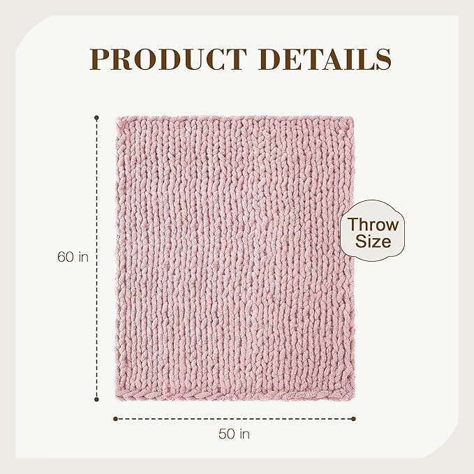 Carriediosa Chunky Knit Throw Blanket 50" X 60", 100% Hand Made Large Chenille Loop Yarn Soft Fluffy Throws for Couch Sofa Bed, Big Crochet Cozy Heavy Thick Cable Woven Blankets, Dusty Pink