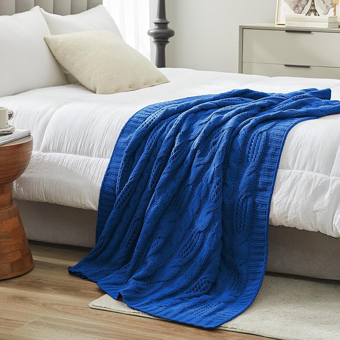 Amélie Home Chunky Knit Chenille Throw Blanket, Breathable Cable Knitted Blanket for Couch, Farmhouse Decorative Throw for Sofa Chair Bed, 50"x60", Blue