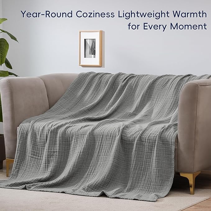 PHF 100% Cotton Muslin Blanket Queen Size 90" x 90", 4-Layer Lightweight and Breathable Blanket for Summer, Luxuriously Soft Gauze Bedding for Bed, Natural Minimalism Style, Ideal Gift, Grey