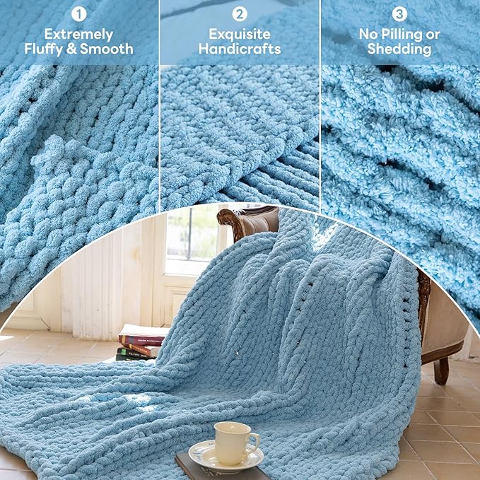 Chunky Knit Blanket - Luxury Soft Cozy Queen Size(40 * 50) Throw Blanket,100% Woven Blanket Rope Knot Throw Blanket for Couch, Sofa, Home Decor, Gift - Machine Washable(Light Blue)