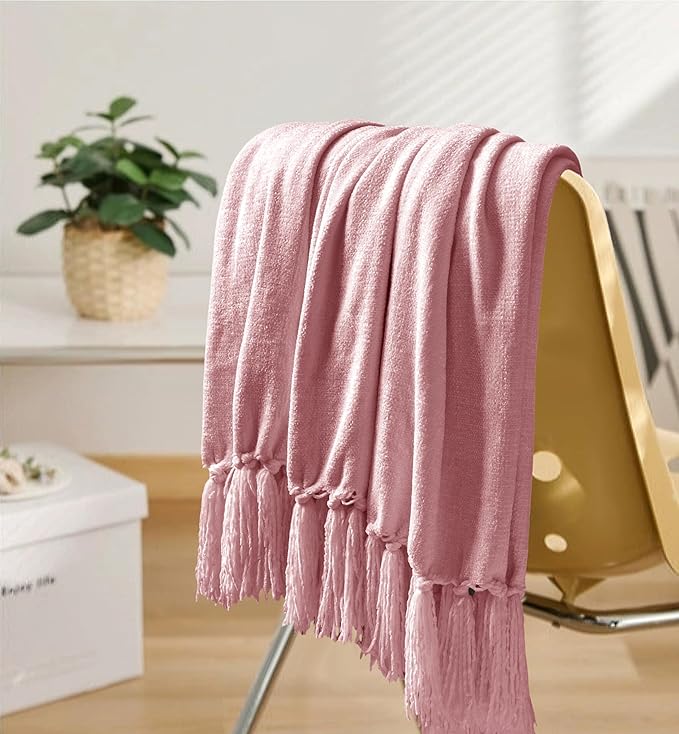 Chenille Throw Blanket for Couch 50"X 60", Soft Cozy Throws with Fringe Tassel for Bed Sofa Chair, Lightweight Knitted Decorative Farmhouse Boho Blankets for Gift, Dusty Pink