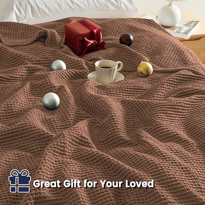 PHF Pre-Washed Cotton Waffle Weave Blanket Throw Size for Couch Bed,Snag Proof Spring Summer Lightweight Breathable,Oeko-TEX Certified,Machine Washable, Home Decor Gift,Cappuccino