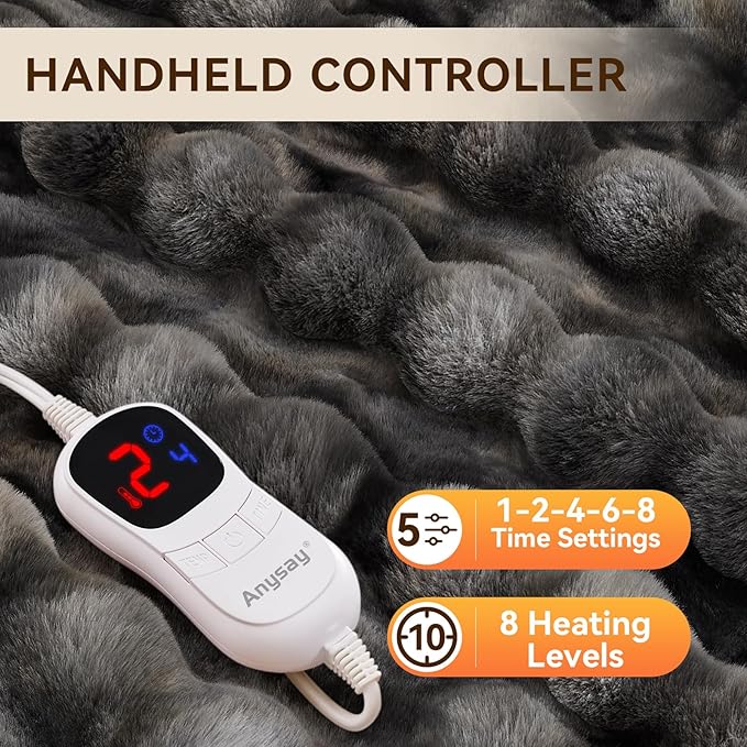 Heated Blanket Throw with 1/2/4/6/8 Hours Auto-Off 10 Heat Level, 62'' * 84'' Cozy Faux Rabbit Fur Bubble Electric Blanket with Overheat Protection(Tie-Dye Dark Grey)