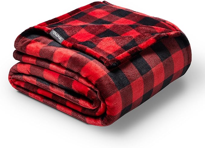Bare Home Fleece Microplush Blanket - Extra Long - Lightweight Throw for Bed, Sofa, Couch, Movie Night, Camping, and Travel - Ultra Soft Warm Blanket (Twin/Twin XL, Chester Buffalo Plaid - Red/Black)