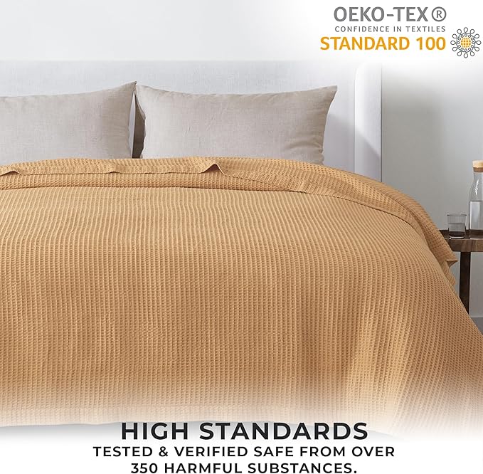 100% Cotton Blanket for King Size Bed - Yellow Waffle Weave Lightweight Summer Bed Blanket - 102x90in Prewashed Breathable, Woven, Layering Blanket (King, Marigold)