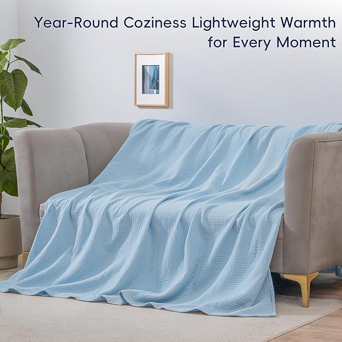 PHF 100% Cotton Muslin Blanket King Size 108" x 90", 4-Layer Lightweight and Breathable Blanket for Summer, Luxuriously Soft Gauze Bedding for Bed, Natural Minimalism Style, Ideal Gift, Sky Blue