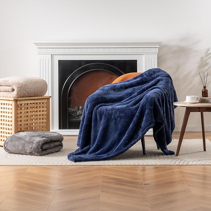 Berkshire Blanket Classic Extra-Fluffy™ Plush Blanket, Twin Size Bed Blanket, Soft Fuzzy Fluffy Long Hair Blanket for Couch Sofa Bed, Atlantis Dark Blue, 60x92 Inches