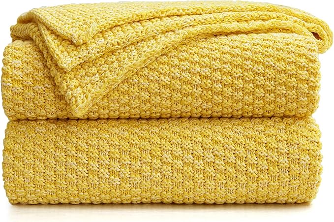 Longhui bedding Yellow Knitted Throw Blanket for Couch Sofa Bed, Soft, Cozy Machine Washable 100% Cotton Sofa Cable Knit Blankets, Large 60 x 80 Inches Oversized, Bright Yellow and White Color