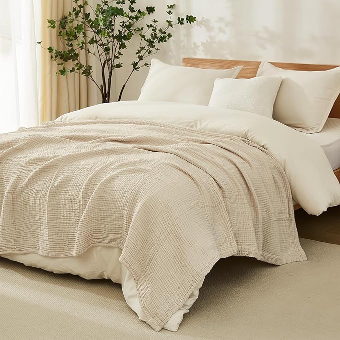 EMME Cotton Blanket Queen Size for Bed Soft Large Muslin Bed Blankets 90"x90" Lightweight Breathable Coverlet Bedspread All Season Gauze, Light Tan