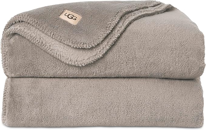 UGG Whitecap Plush Throw Blanket Fleece Lightweight Soft Cozy Throw for Couch Luxury Home Decor for Living Room Machine Washable Hypoallergenic Flannel Blankets, 50-inch x 70-inch, Light Grey Seal
