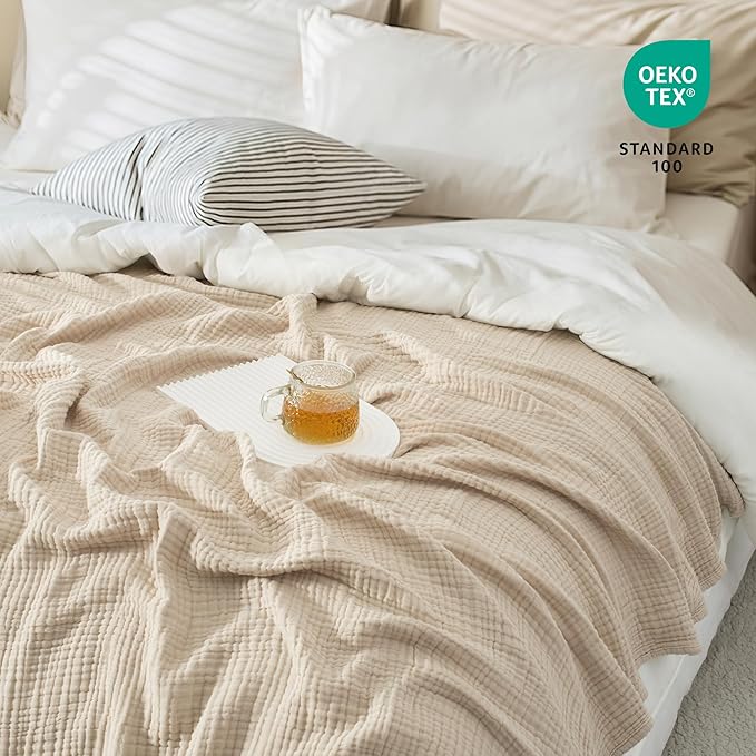 Carriediosa 100% Cotton Muslin Throw Blanket 90" X 90" Queen Size,4-Layers Summer Gauze Throws for Bed Couch,Soft Lightweight Breathable Linen Blankets Bedspread for Adults All Season,Khaki